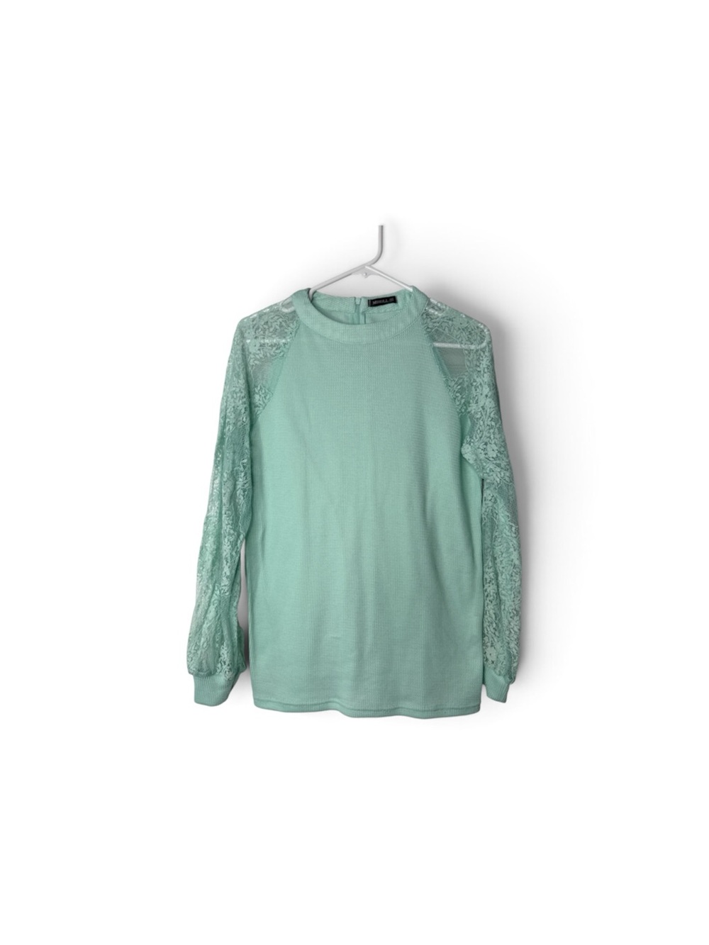 MIHOLL Blouse Women’s Medium Pullover Lace Long Sleeve Top Mint Waffle Knit